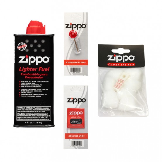 Set Zippo 1 x Benzina Zippo 125 ml, 1 x fitil Zippo, 1 x  piatra Zippo, 1 x rezerva bumbac bricheta Zippo
