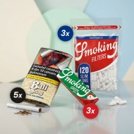 Set 5 x Tutun de rulat Bali Shag White Halfzware 40G + 3 x Filtre Classic Slim Long 120 bucati tigari Smoking + 3 x Foite Smoking Regular Green 