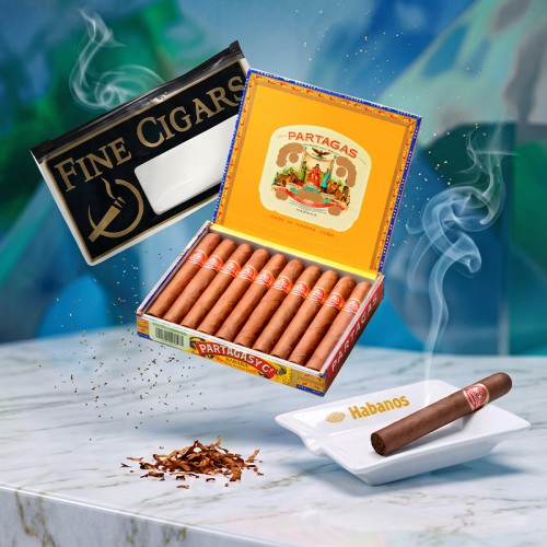 Set Trabuc Partagas Mille Fleurs (10) + Scrumiera Habanos pentru 2 trabucuri din ceramica + Punga Umidificatoare pentru trabucuri