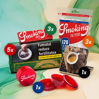 Set Cadou 5 x Tutun de rulat Golden Virginia The Original 30G + 3 x Filtre Classic Slim Long 120 bucati tigari Smoking + 3 x Foite 1 pachet 60 foi Smoking Regular Red Rosu + Tabachera 910127 Adamo Model Imagini Cafea + Grinder Smoking Plastic Simplu 40 mm